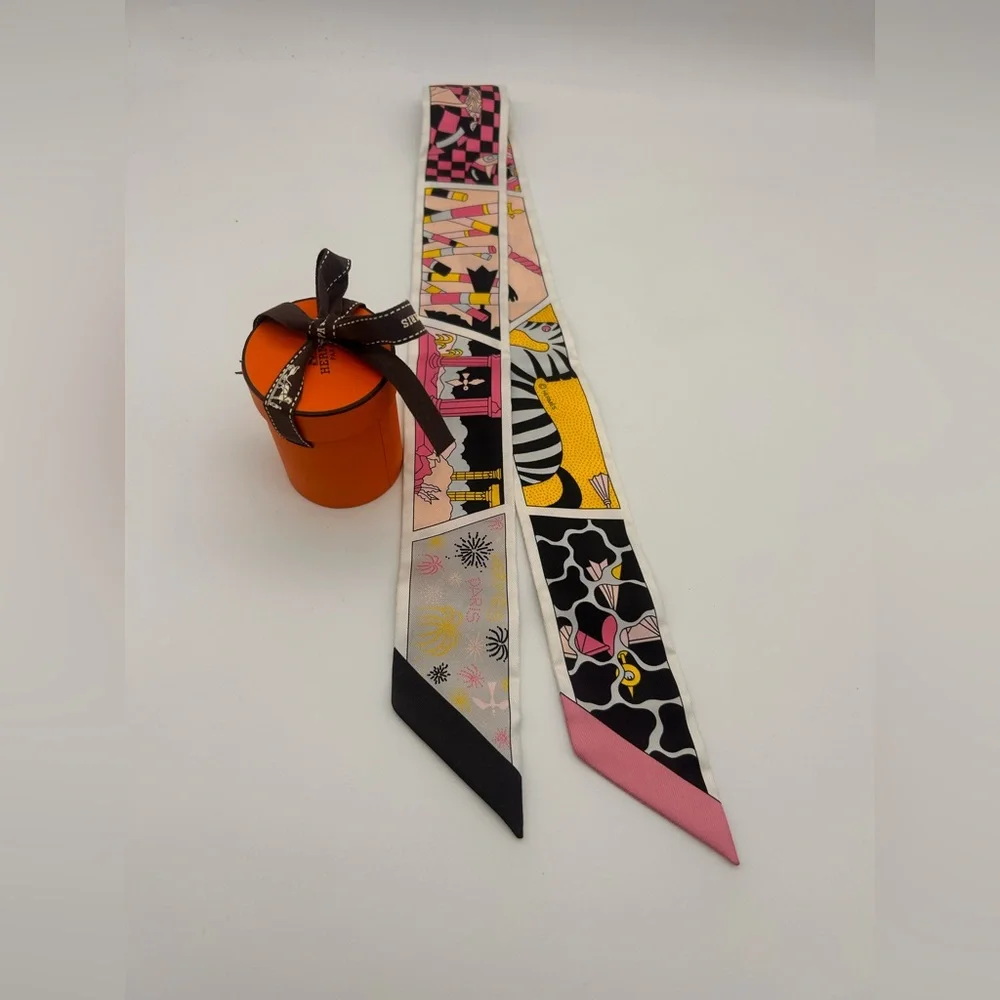 Hermes Pink Black Yellow Multicolor Twilly Scarf - Picture 2 of 7